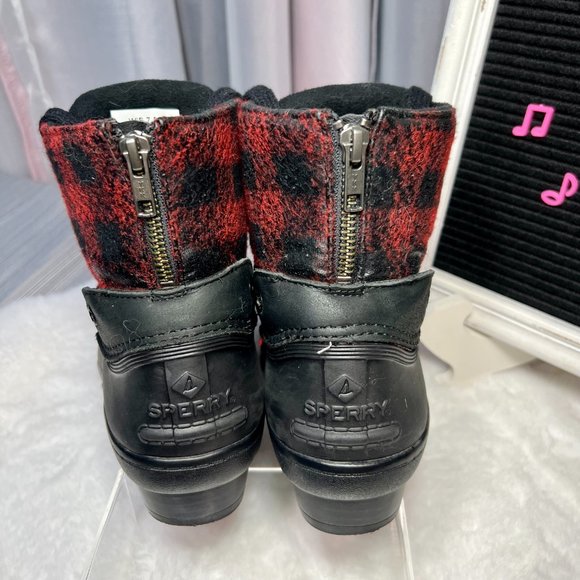 Sperry Red & Black Plaid Saltwater 🌨 Wedge Tide Wool Ankle Boots - 7.5 - Picture 6 of 14